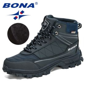 BONA 2022 New Designers Nubuck Hiking Shoes Men Trekking Tourism Camping Shoes Man Plush Warm Winter Anklt Boots Masculino Comfy (Color: Deep blue S gray, size: 09)