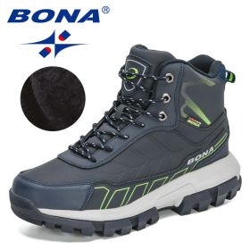 BONA 2022 New Designers Action Leather Winter Brand Snow Boots Men Super Warm Ankle Boots Man Plush Hiking Soft Boots Mansculino (Color: Deep blue F green, size: 08)