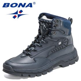 BONA 2022 New Designers High-Top Hiking Boots Men Action Leather Outdoor Wear-Resistant Non-Slip Snow Shoes Man Ankle Boots Soft (Color: Deep blue S gray, size: 09)