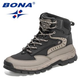 BONA 2022 New Designers High-Top Hiking Boots Men Action Leather Outdoor Wear-Resistant Non-Slip Snow Shoes Man Ankle Boots Soft (Color: Medium grey black, size: 09)