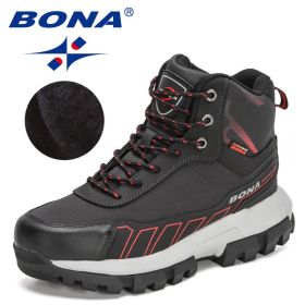 BONA 2022 New Designers Action Leather Winter Brand Snow Boots Men Super Warm Ankle Boots Man Plush Hiking Soft Boots Mansculino (Color: black red, size: 9.5)