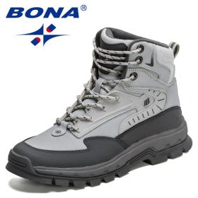 BONA 2022 New Designers High-Top Hiking Boots Men Action Leather Outdoor Wear-Resistant Non-Slip Snow Shoes Man Ankle Boots Soft (Color: Light gray dark grey, size: 08)