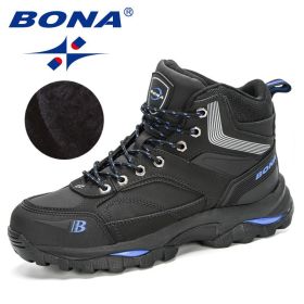 BONA 2022 New Designers Nubuck Hiking Boots Men Winter Shoes Walking Climbing Mountain Sport Boots Man Plush Warm Snow Footwear (Color: Charcoal grey R blue, size: 10.5)