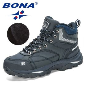 BONA 2022 New Designers Nubuck Hiking Boots Men Winter Shoes Walking Climbing Mountain Sport Boots Man Plush Warm Snow Footwear (Color: Deep blue S gray, size: 8.5)