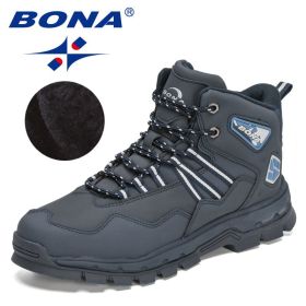 BONA 2022 New Designers Action Leather Plush Hiking Boots High Top Walking Shoes Men Work Mountain Sport Ankle Boots Mansculino (Color: Deep blue S gray, size: 09)