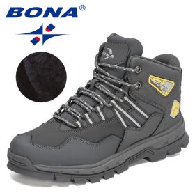 BONA 2022 New Designers Action Leather Plush Hiking Boots High Top Walking Shoes Men Work Mountain Sport Ankle Boots Mansculino (Color: Dark grey yellow, size: 10.5)