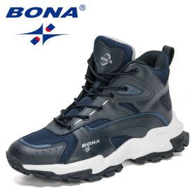 BONA 2022 New Designers Outdoor Mountain Desert Climbing Shoes Men Ankle Hiking Boots Man High Top Winter Boots Mansculino Comfy (Color: Deep blue S gray, size: 9.5)