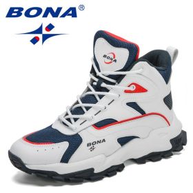 BONA 2022 New Designers Outdoor Mountain Desert Climbing Shoes Men Ankle Hiking Boots Man High Top Winter Boots Mansculino Comfy (Color: White deep blue, size: 9.5)