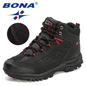 BONA 2022 New Designers Popular Hiking Boots Men Snow Warm Sneakers Man Padded Trekking Winter Action Leather High Top Footwear (Color: Charcoal grey red, size: 08)