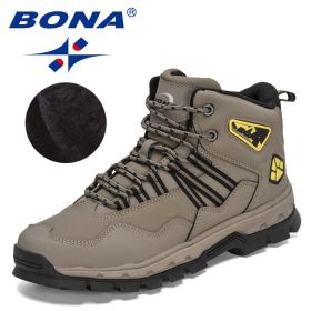 BONA 2022 New Designers Action Leather Plush Hiking Boots High Top Walking Shoes Men Work Mountain Sport Ankle Boots Mansculino (Color: Medium grey black, size: 10.5)