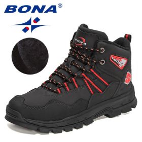 BONA 2022 New Designers Action Leather Plush Hiking Boots High Top Walking Shoes Men Work Mountain Sport Ankle Boots Mansculino (Color: Charcoal grey red, size: 09)