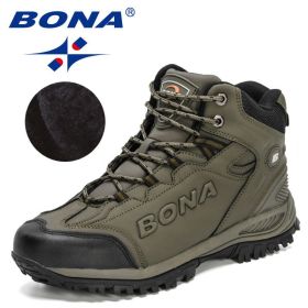 BONA 2022 New Designers Popular Hiking Boots Men Snow Warm Sneakers Man Padded Trekking Winter Action Leather High Top Footwear (Color: Army green S gray, size: 08)