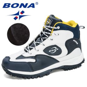 BONA 2022 New Arrival Action Leather Hiking Shoes Men Trekking Sneakers Mountain Plush Snow Boots Man Anti-Slippery Footwear (Color: White D blue yellow, size: 09)