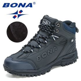 BONA 2022 New Designers Popular Hiking Boots Men Snow Warm Sneakers Man Padded Trekking Winter Action Leather High Top Footwear (Color: Deep blue S gray, size: 09)