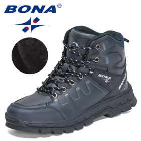 BONA 2022 New Designers Action Leather Hiking Shoes Men Winter Trekking Ankle Boots Man Top Quality Fashion Plush Boots Male (Color: Deep blue S gray, size: 9.5)