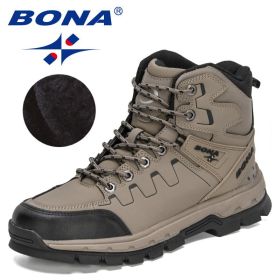 BONA 2022 New Designers Action Leather Hiking Shoes Men Winter Trekking Ankle Boots Man Top Quality Fashion Plush Boots Male (Color: Medium grey black, size: 10.5)