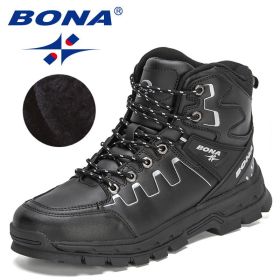 BONA 2022 New Designers Action Leather Hiking Shoes Men Winter Trekking Ankle Boots Man Top Quality Fashion Plush Boots Male (Color: Black silver gray, size: 9.5)