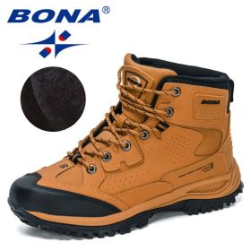 BONA 2022 New Designers Nubuck Hiking Shoes Men Non-Slip Outdoor Wear-Resistant Trekking Footwear Man High Top Plush Snow Boots (Color: Earth yellow black, size: 08)