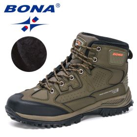 BONA 2022 New Designers Nubuck Hiking Shoes Men Non-Slip Outdoor Wear-Resistant Trekking Footwear Man High Top Plush Snow Boots (Color: Army green S gray, size: 9.5)