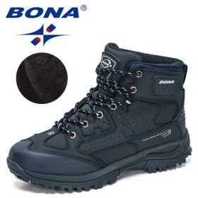 BONA 2022 New Designers Nubuck Hiking Shoes Men Non-Slip Outdoor Wear-Resistant Trekking Footwear Man High Top Plush Snow Boots (Color: Deep blue S gray, size: 10.5)