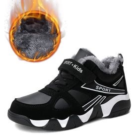 Kid Sneakers Outdoor Boots Plus Warm Fur Running Shoes Kids Waterproof Walking Children Hiking Sport Shoes Winter Shoes For Boys (Color: Black kids  shoes, size: 03)