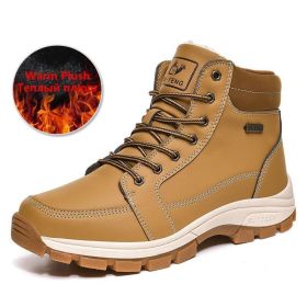 Brand Winter Leather Men Boots Plush Warm Men Snow Boots Outdoor Non-slip Hiking Boots Men Winter Shoes Men Sneakers Size 39-48 (Color: Plush Yellow, size: 8.5)