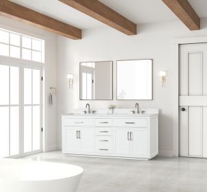 80 inch modern high glossy white solid wood bath vanity cabinet  3 silent drawers, floating shelves. Huge storage. (Color: White)