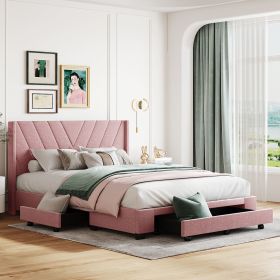 Queen Size Storage Bed Linen Upholstered Platform Bed with 3 Drawers (Color: Pink)