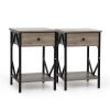 Set of 2 Nightstand Industrial End Table with Drawer;  Storage Shelf and Metal Frame for Living Room;  Bedroom;  XH