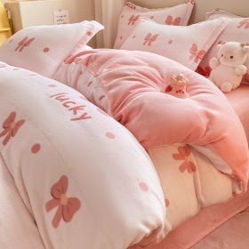 Winter Thickening Milk Fiber Bed Four-piece Coral Velvet Quilt Cover Flange Double-sided Bed Sheet Three-piece Bedding (Option: Lucky Bow-120)