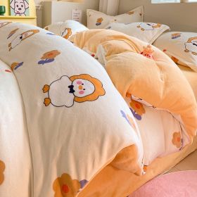 Winter Thickening Milk Fiber Bed Four-piece Coral Velvet Quilt Cover Flange Double-sided Bed Sheet Three-piece Bedding (Option: Cute Duck-120)