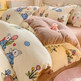 Winter Thickening Milk Fiber Bed Four-piece Coral Velvet Quilt Cover Flange Double-sided Bed Sheet Three-piece Bedding (Option: Flowers Rabbit-120)