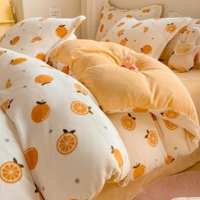 Winter Thickening Milk Fiber Bed Four-piece Coral Velvet Quilt Cover Flange Double-sided Bed Sheet Three-piece Bedding (Option: Small Orange-180)