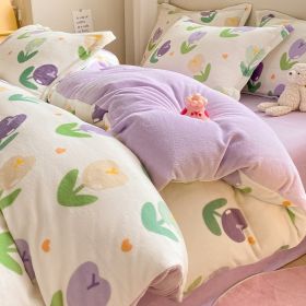 Winter Thickening Milk Fiber Bed Four-piece Coral Velvet Quilt Cover Flange Double-sided Bed Sheet Three-piece Bedding (Option: Purple Tulip-150)